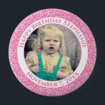Badge Rond 10 Cm Your Photo 70th Birthday Number Pattern Pink<br><div class="desc">This is a commemorative button with your photo and text for celebrating your 70th Birthday. There is a text template to make it easy to change the message and date. There is also a photo template to make it easy to add your image. This pink-and-white picture frame is a random...</div>