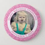 Badge Rond 10 Cm Your Photo 70th Birthday Number Pattern Pink<br><div class="desc">This is a commemorative button with your photo and text for celebrating your 70th Birthday. There is a text template to make it easy to change the message and date. There is also a photo template to make it easy to add your image. This pink-and-white picture frame is a random...</div>