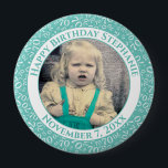 Badge Rond 10 Cm Your Photo 70th Birthday Number Pattern Teal<br><div class="desc">This is a commemorative button with your photo and text for celebrating your 70th Birthday. There is a text template to make it easy to change the message and date. There is also a photo template to make it easy to add your image. This teal-and-white picture frame is a random...</div>