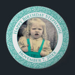Badge Rond 10 Cm Your Photo 70th Birthday Number Pattern Teal<br><div class="desc">This is a commemorative button with your photo and text for celebrating your 70th Birthday. There is a text template to make it easy to change the message and date. There is also a photo template to make it easy to add your image. This teal-and-white picture frame is a random...</div>