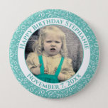 Badge Rond 10 Cm Your Photo 70th Birthday Number Pattern Teal<br><div class="desc">This is a commemorative button with your photo and text for celebrating your 70th Birthday. There is a text template to make it easy to change the message and date. There is also a photo template to make it easy to add your image. This teal-and-white picture frame is a random...</div>