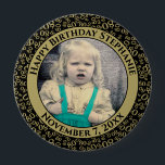 Badge Rond 10 Cm Your Photo 80th Birthday Number Pattern Black/Gold<br><div class="desc">This is a commemorative button with your photo and text for celebrating your 80th Birthday. There is a text template to make it easy to personalize the message and date. There is also a photo template to make it easy to add your image. This black-and-gold picture frame is a random...</div>