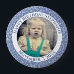 Badge Rond 10 Cm Your Photo 80th Birthday Number Pattern | Blue<br><div class="desc">This is a commemorative button with your photo and text for celebrating your 80th Birthday. There is a text template to make it easy to personalize the message and date. There is also a photo template to make it easy to add your image. This blue-and-white picture frame is a random...</div>