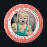 Badge Rond 10 Cm Your Photo 80th Birthday Number Pattern | Coral<br><div class="desc">This is a commemorative button with your photo and text for celebrating your 80th Birthday. There is a text template to make it easy to personalize the message and date. There is also a photo template to make it easy to add your image. This coral-and-white picture frame is a random...</div>