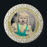 Badge Rond 10 Cm Your Photo 80th Birthday Number Pattern Gold/White<br><div class="desc">This is a commemorative button with your photo and text for celebrating your 80th Birthday. There is a text template to make it easy to personalize the message and date. There is also a photo template to make it easy to add your image. This gold-and-white picture frame is a random...</div>