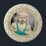 Badge Rond 10 Cm Your Photo 80th Birthday Number Pattern Gold/White<br><div class="desc">This is a commemorative button with your photo and text for celebrating your 80th Birthday. There is a text template to make it easy to personalize the message and date. There is also a photo template to make it easy to add your image. This gold-and-white picture frame is a random...</div>
