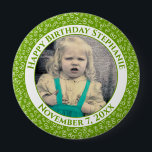Badge Rond 10 Cm Your Photo 80th Birthday Number Pattern | Green<br><div class="desc">This is a commemorative button with your photo and text for celebrating your 80th Birthday. There is a text template to make it easy to personalize the message and date. There is also a photo template to make it easy to add your image. This green-and-white picture frame is a random...</div>