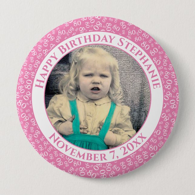 Badge Rond 10 Cm Your Photo 80th Birthday Number Pattern | Pink (Devant)