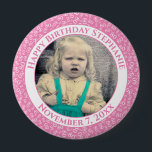 Badge Rond 10 Cm Your Photo 80th Birthday Number Pattern | Pink<br><div class="desc">This is a commemorative button with your photo and text for celebrating your 80th Birthday. There is a text template to make it easy to personalize the message and date. There is also a photo template to make it easy to add your image. This pink-and-white picture frame is a random...</div>