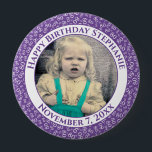 Badge Rond 10 Cm Your Photo 80th Birthday Number Pattern | Purple<br><div class="desc">This is a commemorative button with your photo and text for celebrating your 80th Birthday. There is a text template to make it easy to personalize the message and date. There is also a photo template to make it easy to add your image. This purple-and-white picture frame is a random...</div>