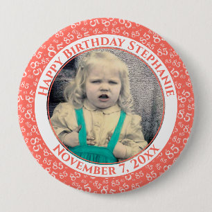 Badge Rond 10 Cm Your Photo 85th Birthday Number Pattern Coral