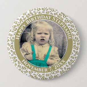 Badge Rond 10 Cm Your Photo 85th Birthday Number Pattern Gold/white