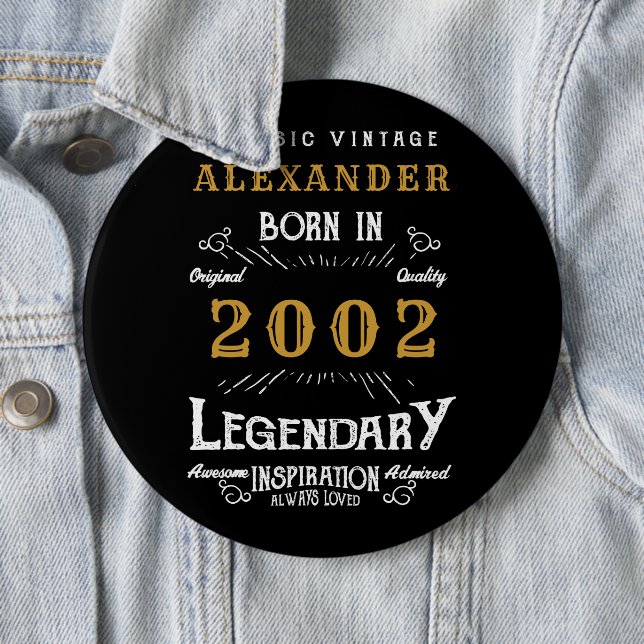 Badge Rond 15,2 Cm 21st Birthday 2002 Ajouter Nom Black Gold Legendar (En situation)