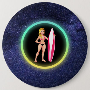 Badge Rond 15,2 Cm Adolescente Blonde Surfeuse Galaxie   
