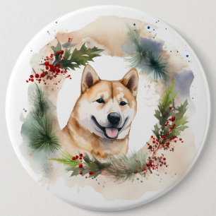 Badge Rond 15,2 Cm Akita Christmas Wreath Festive Pup