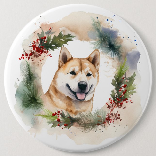 Badge Rond 15,2 Cm Akita Christmas Wreath Festive Pup (Devant)