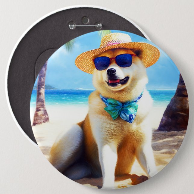 Badge Rond 15,2 Cm Akita sur la plage, cadeau d'été pour les amoureux (Devant & derrière)