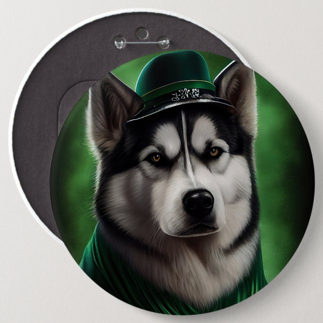 Badge Rond 15,2 Cm Alaskan Malamute chien en robe de fête St. Patrick (Devant & derrière)