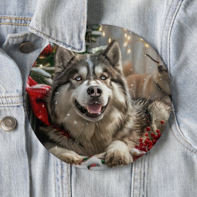 Badge Rond 15,2 Cm Alaskan Malamute Chien Fête de Noël (En situation)