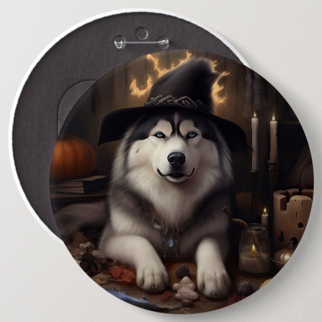 Badge Rond 15,2 Cm Alaskan Malamute Citrouilles Halloween effrayant (Devant & derrière)