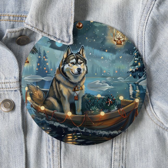 Badge Rond 15,2 Cm Alaskan Malamute Noël Festive Voyage (En situation)