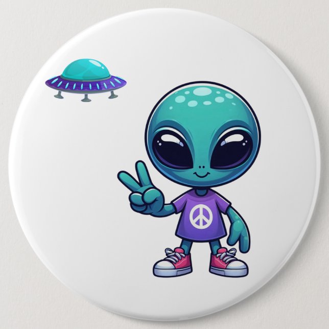 Badge Rond 15,2 Cm Alien de paix mignon et vaisseau spatial (Devant)