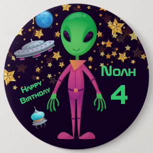 Badge Rond 15,2 Cm Alien vert UFO Ajouter un nom Bouton Anniversaire