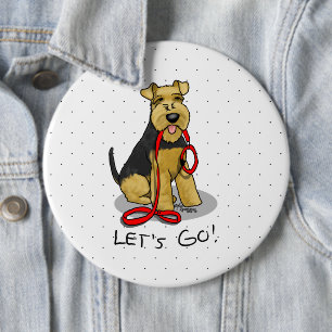 Badge Rond 15,2 Cm Allons-y ! Welsh Terrier Dog avec laisse rouge drô