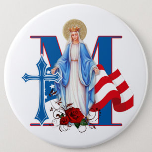 BADGE ROND 15,2 CM AMÉRICAIN FLAG VIRGIN MARY ROSES RELIGIEUX