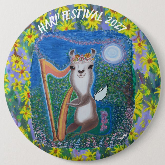 Badge Rond 15,2 Cm Ange de la Lune à la Harpe (Devant)