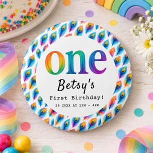 Badge Rond 15,2 Cm Anniversaire 1 an aquarelle arc-en-ciel Bébé col