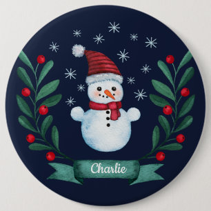 Badge Rond 15,2 Cm Aquarelle de Noël Snowman Custom Navy Blue