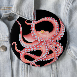 Badge Rond 15,2 Cm Aquarelle rouge de poulpe sur le noir
