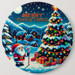 Badge Rond 15,2 Cm Arbre de Noël 8 bits & Père Noël