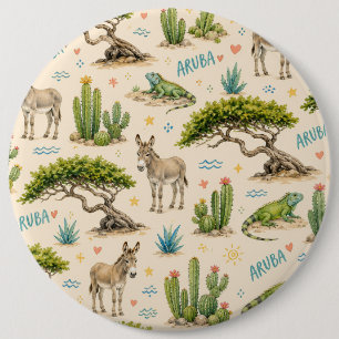 Badge Rond 15,2 Cm Arbre divi d'Aruba, âne, iguane, cactus