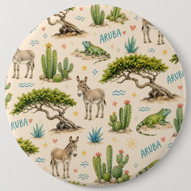 Badge Rond 15,2 Cm Arbre divi d'Aruba, âne, iguane, cactus (Devant)