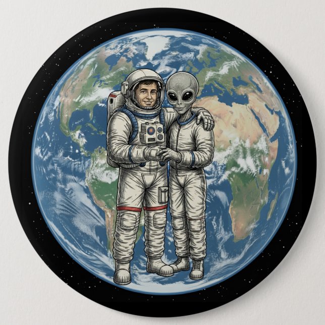 Badge Rond 15,2 Cm Astronaute et Extraterrestre (Devant)