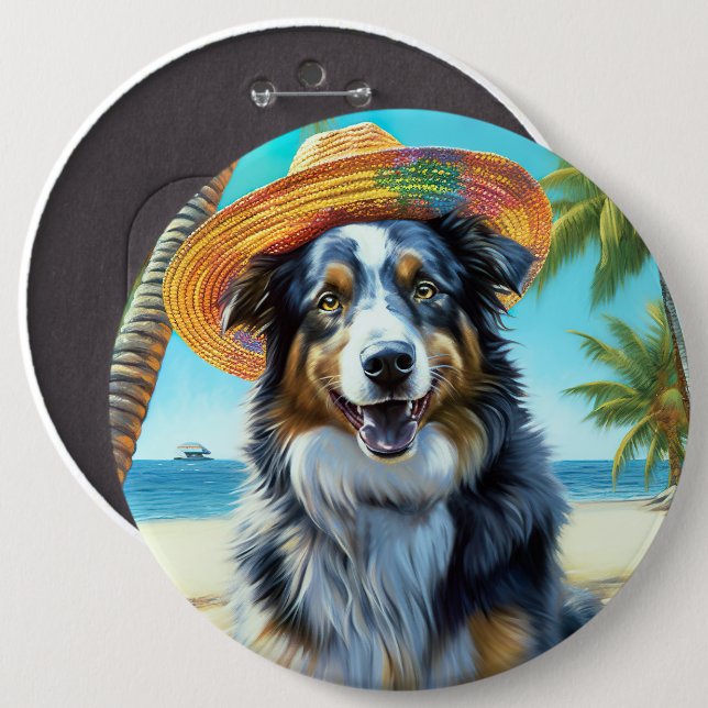 Badge Rond 15,2 Cm Australian Shepherd On Beach amoureux des chiens c (Devant & derrière)