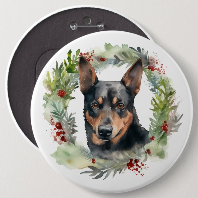 Badge Rond 15,2 Cm Australie Kelpie Noël Wreath Festive Pup (Devant & derrière)