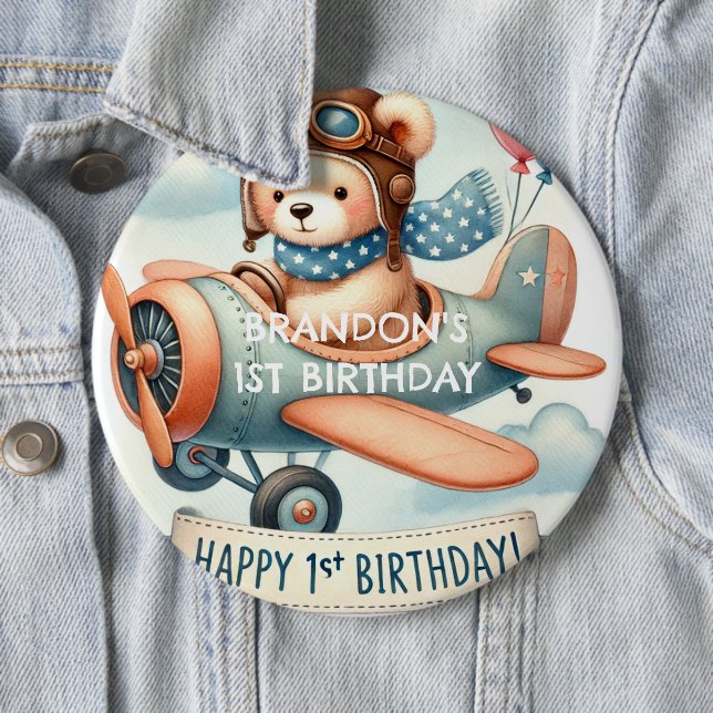 Badge Rond 15,2 Cm Avion Boy Bear 1ère fête d'anniversaire (En situation)
