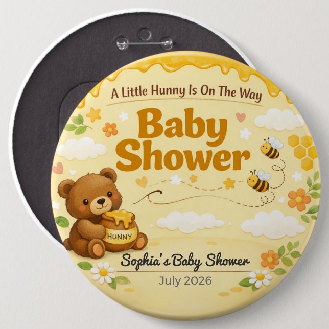 Badge Rond 15,2 Cm Baby Shower Pin | Little Hunny | Teddy Bear (Devant & derrière)