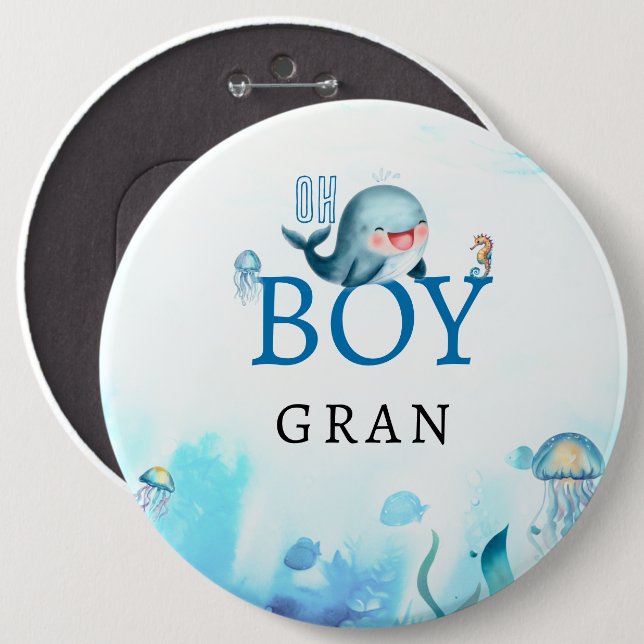 Badge Rond 15,2 Cm Baleine sous l'aquarelle de mer Baby shower Garçon (Devant & derrière)