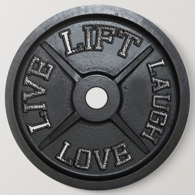 Badge Rond 15,2 Cm Barbell Plate - Ascenseur, Vivre, Amour, Rire (Devant)