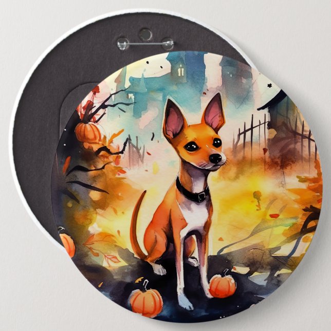 Badge Rond 15,2 Cm Basenji D'Halloween Avec Peur Citrouille (Devant & derrière)
