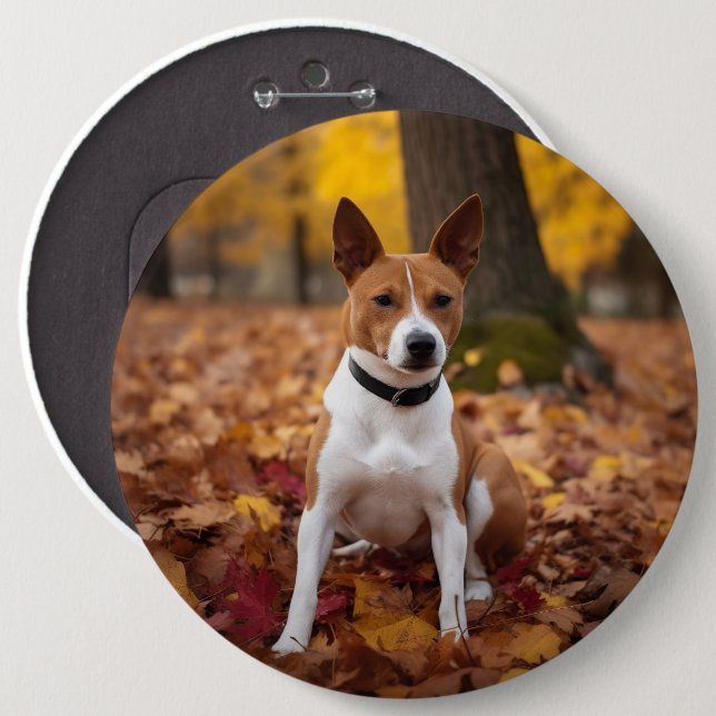 Badge Rond 15,2 Cm Basenji en automne Feuilles automne Inspiration (Devant & derrière)