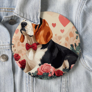 Badge Rond 15,2 Cm Basset Hound avec des Roses - Saint-Valentin