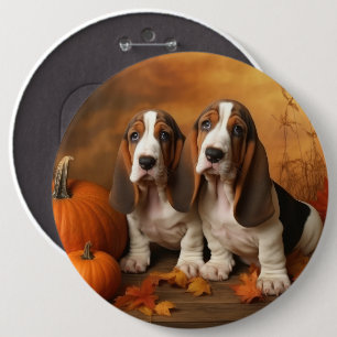 Badge Rond 15,2 Cm Basset Hound Chiot Automne Citrouille de plaisir