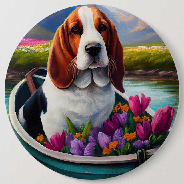 Badge Rond 15,2 Cm Basset Hound Dog on a Paddle: A Scenic Adventure (Devant)