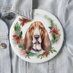 Badge Rond 15,2 Cm Basset Hound Festive Wreath de Noël Pup