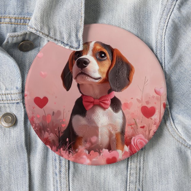 Badge Rond 15,2 Cm Beagle avec Rose - Saint Valentin (En situation)